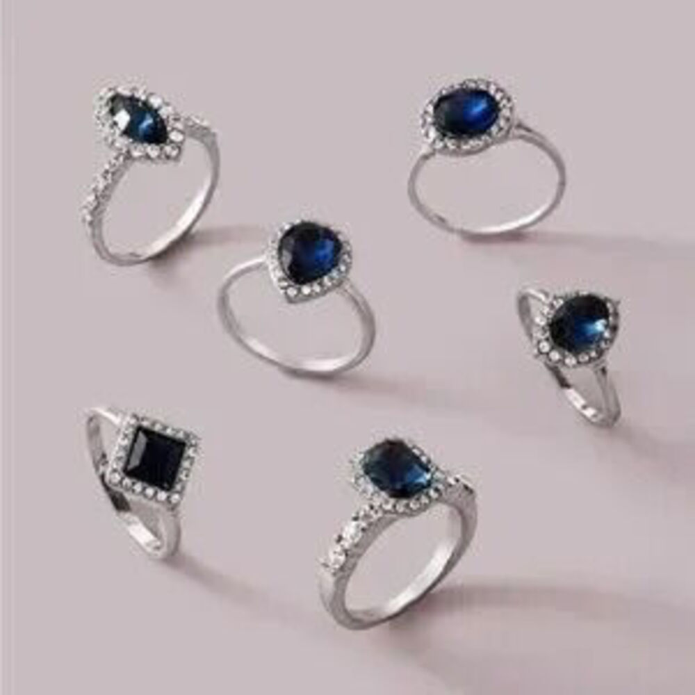 Silver 3/$30 Blue 6pc Rhinestone Geometric Midi Ring Set